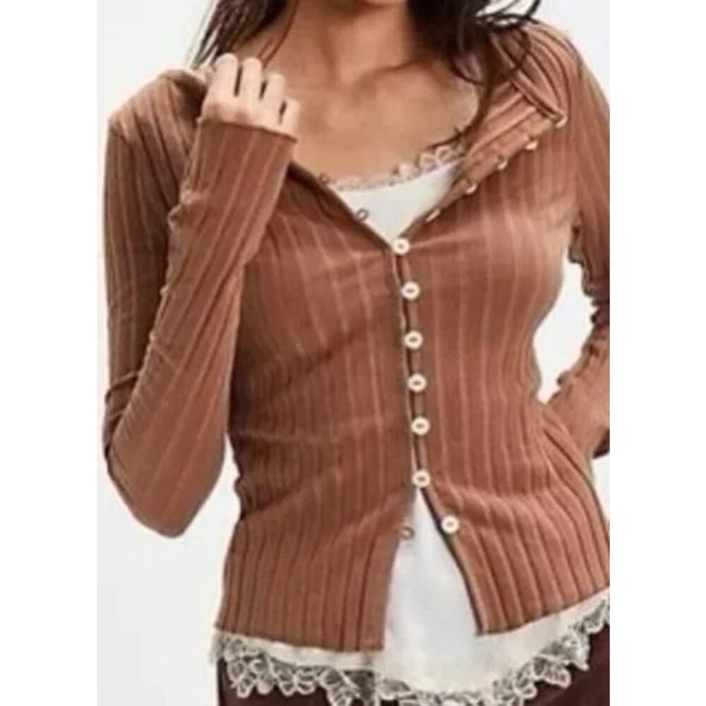 Free People Ribbed Button-Up Cardigan in Warm Brown